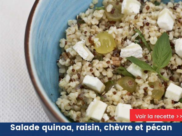 Salade quinoa, raisin, chèvre et pécan